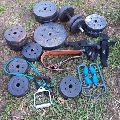 Weightlifting weights and gear - weight belt, barbells, 50lb - 1lb