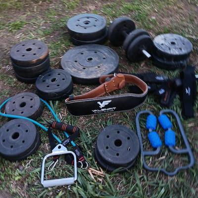 Weightlifting weights and gear - weight belt, barbells, 50lb - 1lb