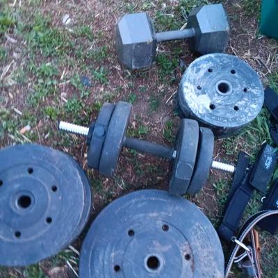 Weightlifting weights and gear - weight belt, barbells, 50lb - 1lb
