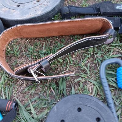 Weightlifting weights and gear - weight belt, barbells, 50lb - 1lb