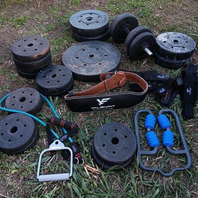 Weightlifting weights and gear - weight belt, barbells, 50lb - 1lb