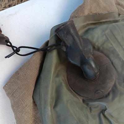Military Issued inflatable mattress pad with canvas bag, canteen and cushion chair seat