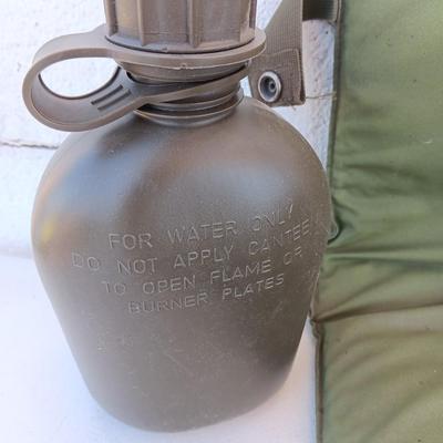 Military Issued inflatable mattress pad with canvas bag, canteen and cushion chair seat