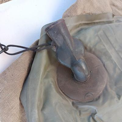 Military Issued inflatable mattress pad with canvas bag, canteen and cushion chair seat
