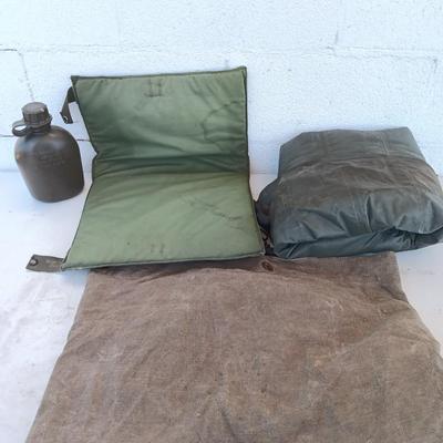 Military Issued inflatable mattress pad with canvas bag, canteen and cushion chair seat