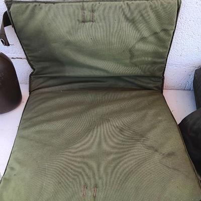 Military Issued inflatable mattress pad with canvas bag, canteen and cushion chair seat