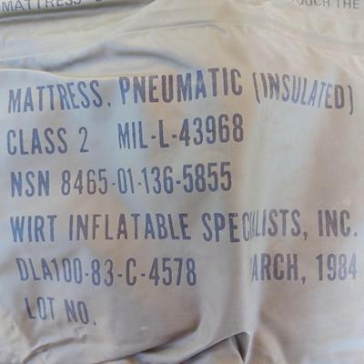 Military Issued inflatable mattress pad with canvas bag, canteen and cushion chair seat
