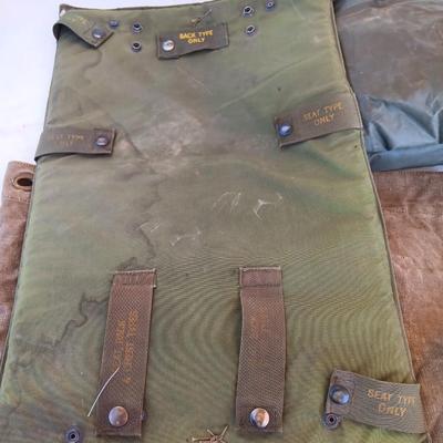 Military Issued inflatable mattress pad with canvas bag, canteen and cushion chair seat