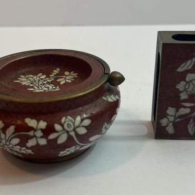 Vintage Chinese Cloisonne Ashtray & Match Box Holder in Good Preowned Condition.