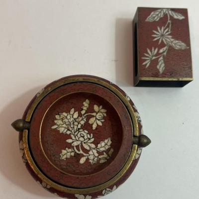 Vintage Chinese Cloisonne Ashtray & Match Box Holder in Good Preowned Condition.