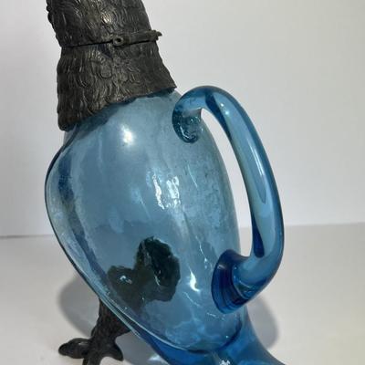 Antique Very Scarce Blue Glass Owl Decanter with Stopper 8