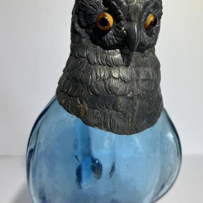 Antique Very Scarce Blue Glass Owl Decanter with Stopper 8