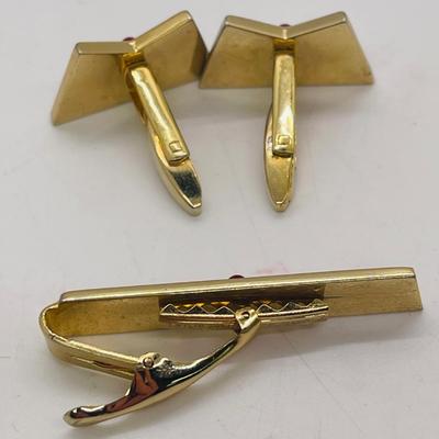 3 pc Men's Lot - Foster Tie Bar & Cuff Links - gold tone with black & red design