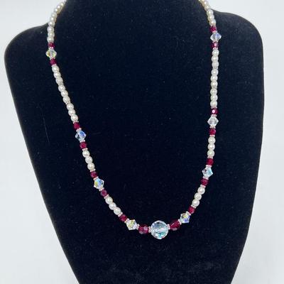 Red and Crystal beaded Necklace Matching Earrings
