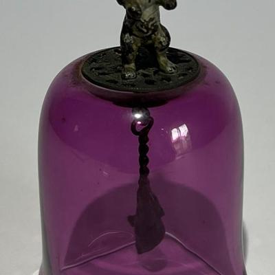 Victorian Very Scarce Amethyst Glass Table Bell w/Cold Painted Cat & Mouse c1890's 4" Tall in VG Condition.