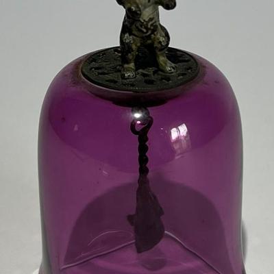 Victorian Very Scarce Amethyst Glass Table Bell w/Cold Painted Cat & Mouse c1890's 4