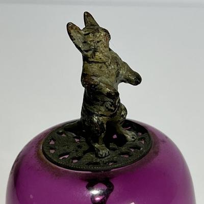 Victorian Very Scarce Amethyst Glass Table Bell w/Cold Painted Cat & Mouse c1890's 4