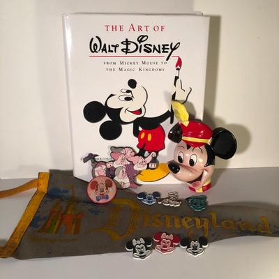 LOT 261F: Vintage Disneyland Pennant & Button, Ceramic Mickey Wall Plaque, Magnets & The Art of Disney Book