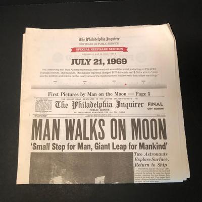 LOT 277F: Philadelphia Inquirer Reproduction of July 31, 1960 MAN WALKS ON MOON Headline Paper, Nelson Doubleday, Inc. America's First...