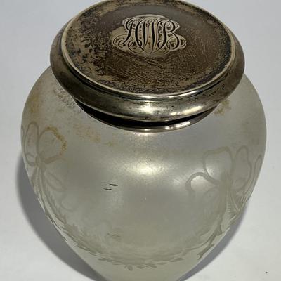 Antique Iridescent Steuben/Hawkes Verre De Soie Cosmetic Jar 4-3/4" Tall w/Monogrammed Silver Lid as Pictured. (No Damage but May...