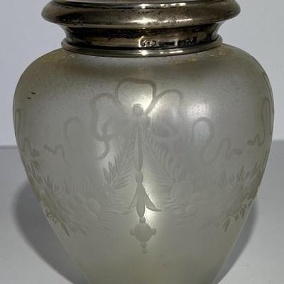 Antique Iridescent Steuben/Hawkes Verre De Soie Cosmetic Jar 4-3/4" Tall w/Monogrammed Silver Lid as Pictured. (No Damage but May...