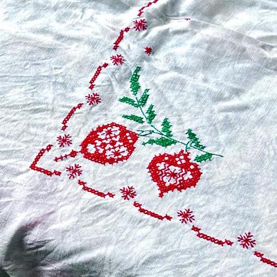 Vintage White Hand Stitched Embroidered Christmas Table Cloth