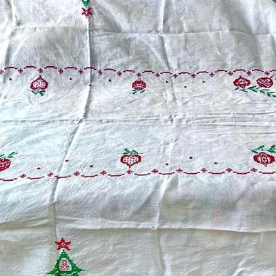 Vintage White Hand Stitched Embroidered Christmas Table Cloth