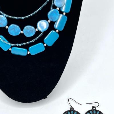 Multi Strand Turquoise Colored Necklace with Earrings
