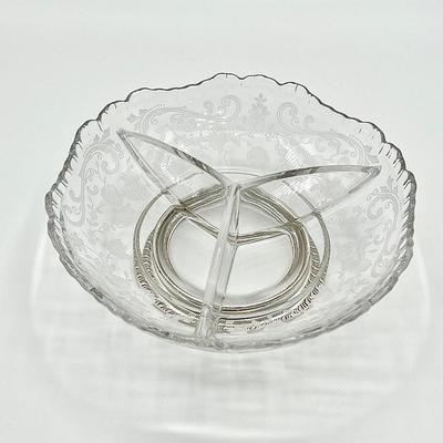 Vtg Floral Etched Glass Sterling Silver Base Divider Bowl