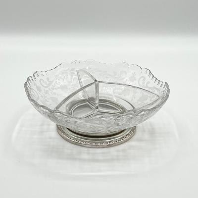 Vtg Floral Etched Glass Sterling Silver Base Divider Bowl