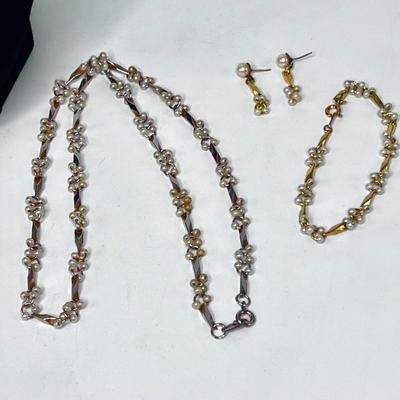 Long Gold Toned Necklace with Matching Bracelet and Earrings