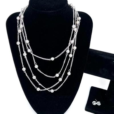 Long Necklace with Silver Toned Beads and Matching Earrings