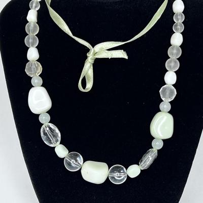 Vintage Mint Green Beads on Ribbon Necklace