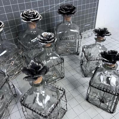(8) Lovely Jars with a Floral Stopper and Wire Cradle 2 Sizes 