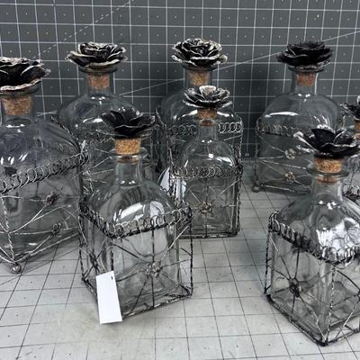 (8) Lovely Jars with a Floral Stopper and Wire Cradle 2 Sizes 