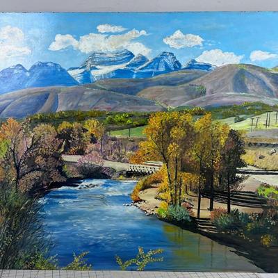 Original Oil Painting On Board by Artist BECKSTEAD Dated 1968 Mountains & Stream