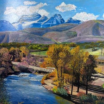 Original Oil Painting On Board by Artist BECKSTEAD Dated 1968 Mountains & Stream