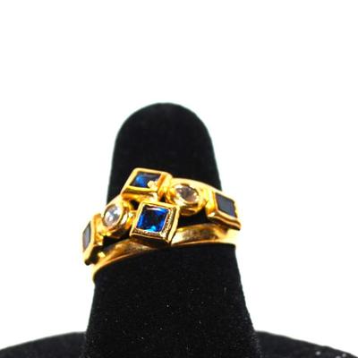 Size: 6 Synthetic Italian Square Blue Stones and Round Cubic Zirconia on Yellow/Gold Band (2.0g)