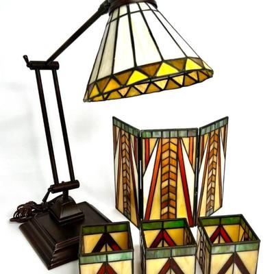 Tiffany Leaded Glass Desk Lamp and Tea Lights Set
