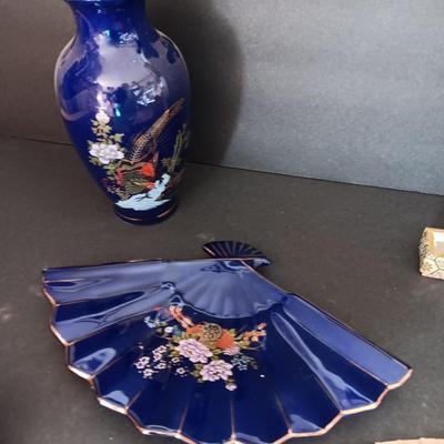Blue vase with porcelain fan dish a wood varved fan and a vintage circle of friends pin cushion