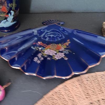 Blue vase with porcelain fan dish a wood varved fan and a vintage circle of friends pin cushion