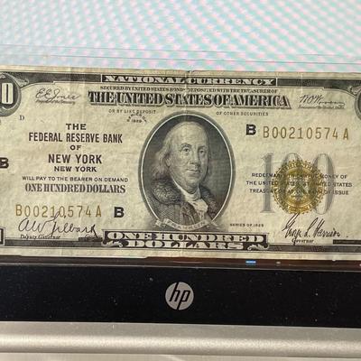 1929 Nice Circulated Condition $100 New York National Currency Serial #210574 as Pictured.