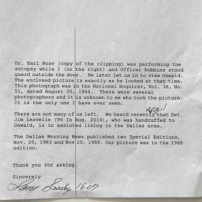Lee Harvey Oswald Autopsy Police Guard Sam Sorsby signed letter