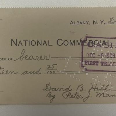 Former Governor of New York David B. Hill 1908 signed check 