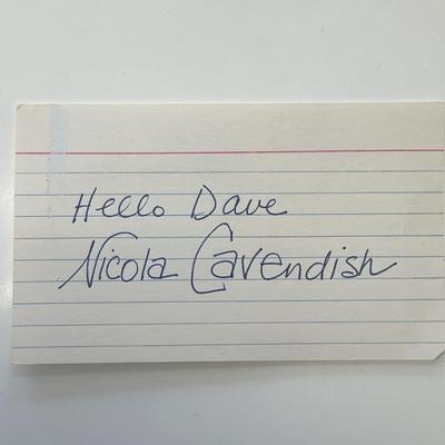 Actress Nicola Cavendish  signed note