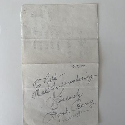 Hank Penny signed note 