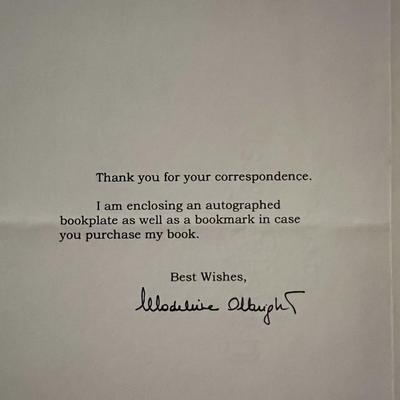 Madeleine Albright facsimile signed note. 5x8 inches