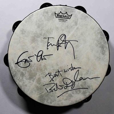 Bob Dylan, Eric Clapton, & Tom Petty signed tambourine