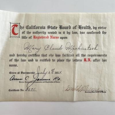 1914 California Board of Health Signed Registered Nurse Certificate