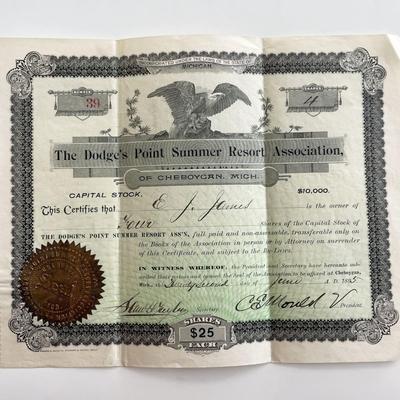 1895 Dodge's Point Summer Resort Association Signed Capital Stock Certificate